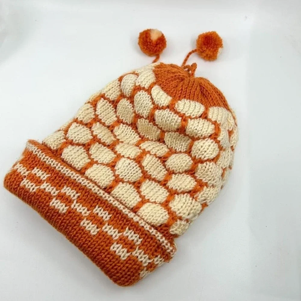 Vintage Handmade Retro Print Orange Checker Knitted Beanie Ski Winter Beanie Pom